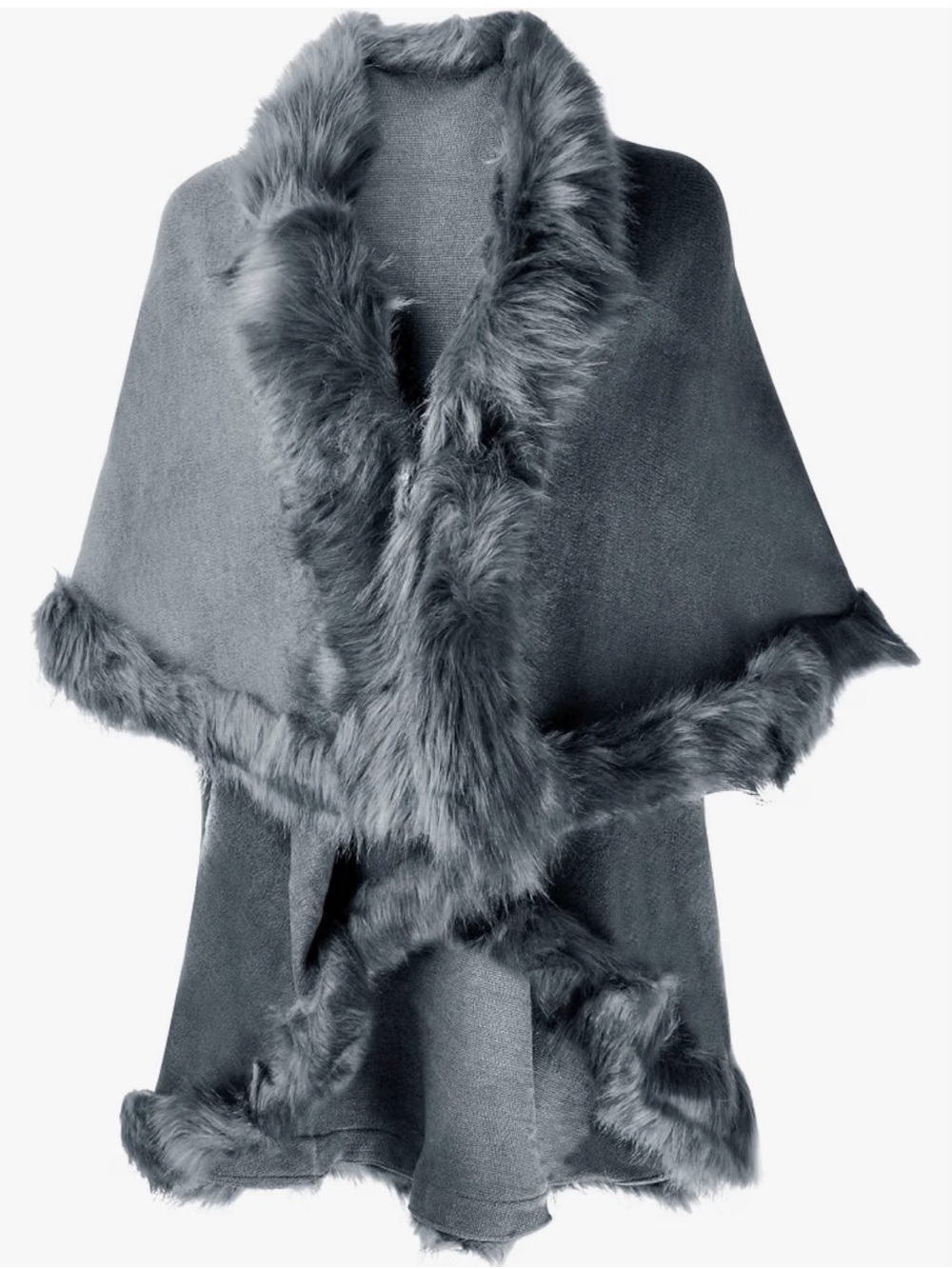 ZLYC Women Fine Knit Open Front Faux Fur Trim Layers Poncho Cape Cardigan Grey